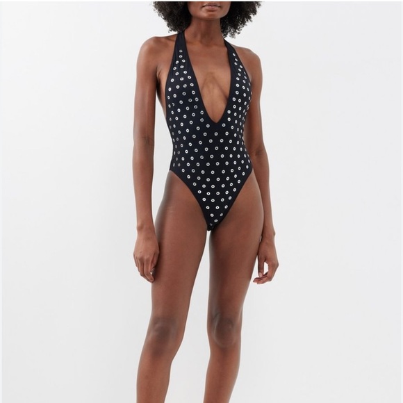 Alaia NWOT Black and Silver Eyelet Deep V One Piece Swimsuit Size 34 - Picture 2 of 12